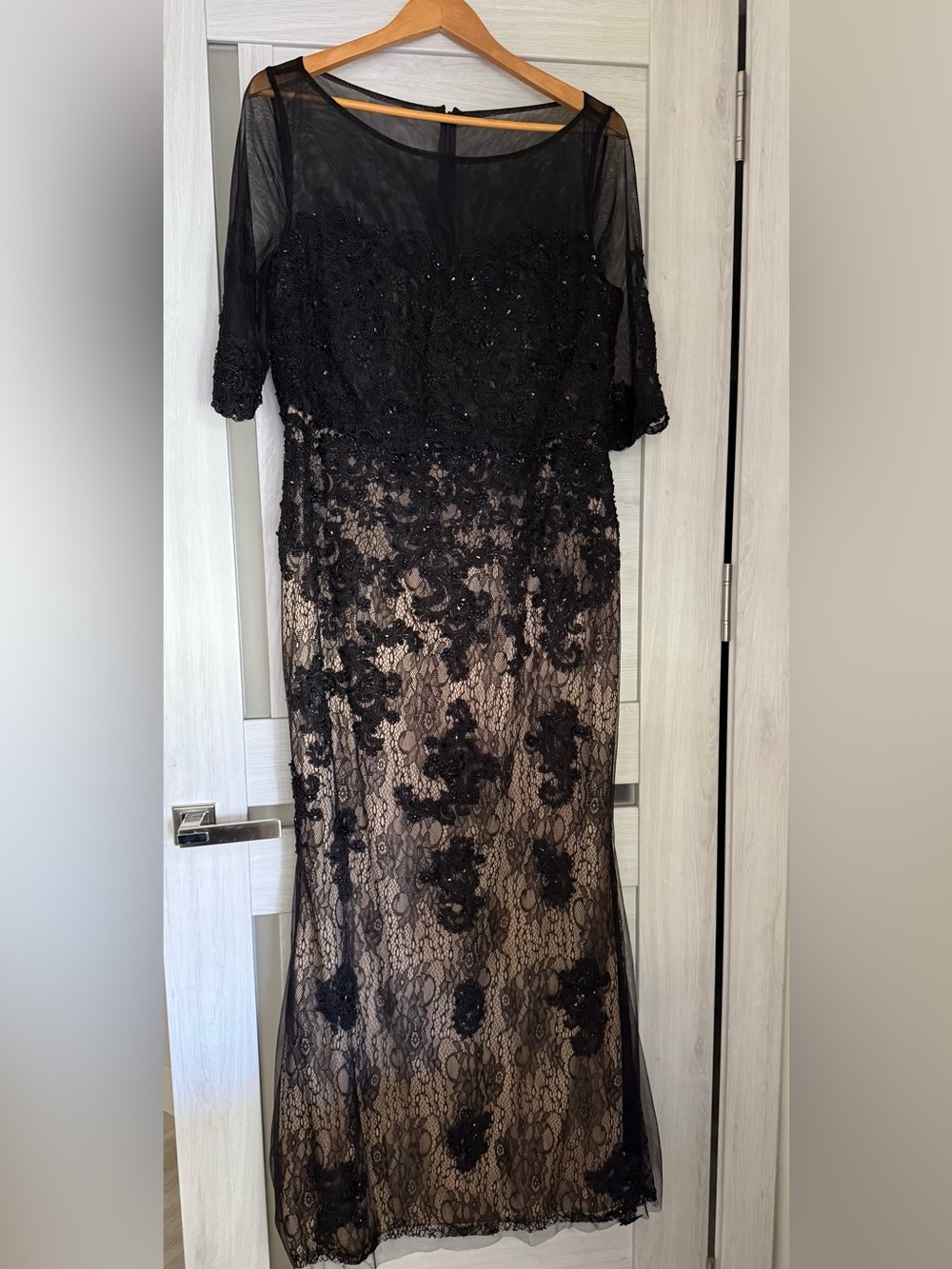 Aspeed Black Lace Overlay Evening Dress with Nude Underlay